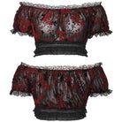 PUNK RAVE Women's Plus Size Gothic Off Shoulder Ruffles Sheer Shirt Black-Red