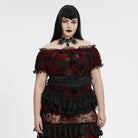 PUNK RAVE Women's Plus Size Gothic Off Shoulder Ruffles Sheer Shirt Black-Red