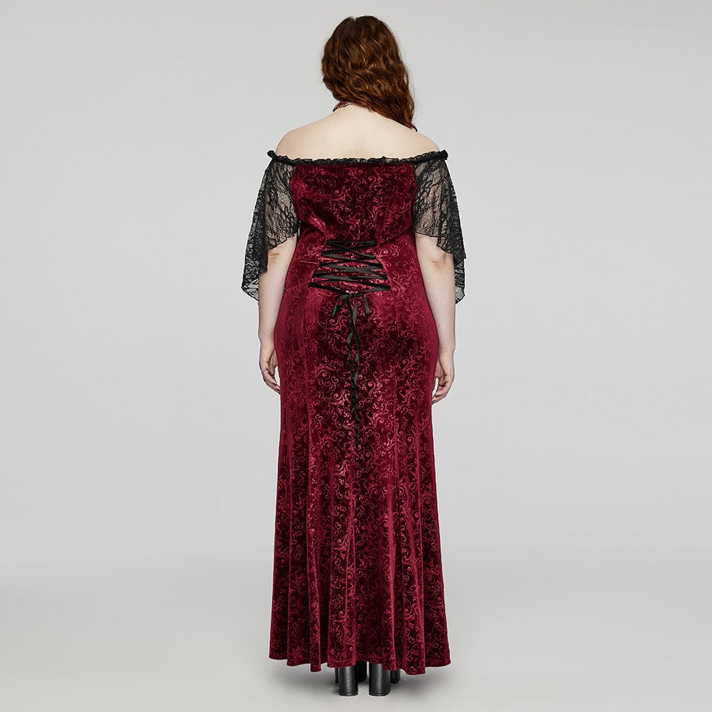 PUNK RAVE Women's Plus Size Gothic Off-the-shoulder Lace-up Red Velvet Gown Dress