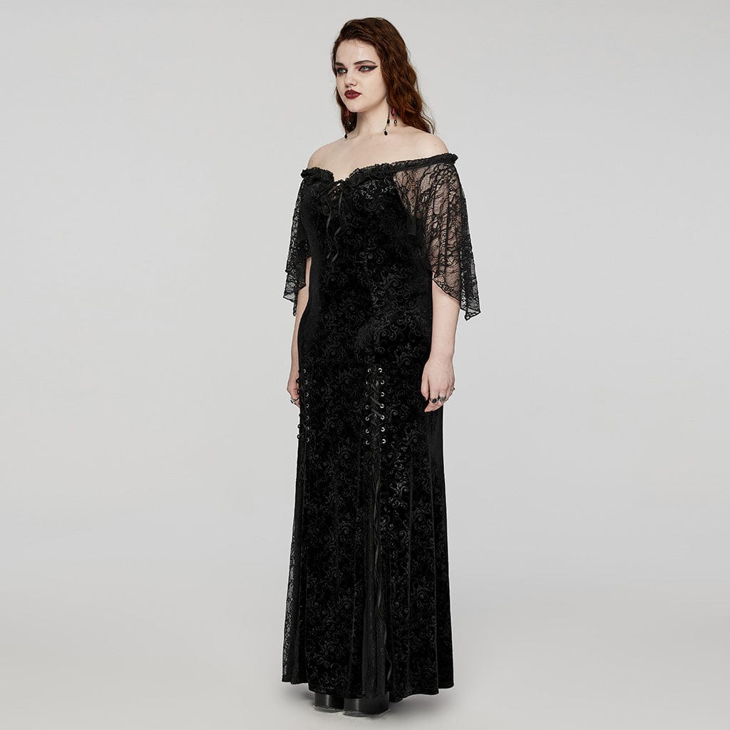 PUNK RAVE Women's Plus Size Gothic Off-the-shoulder Lace-up Velvet Gown Dress