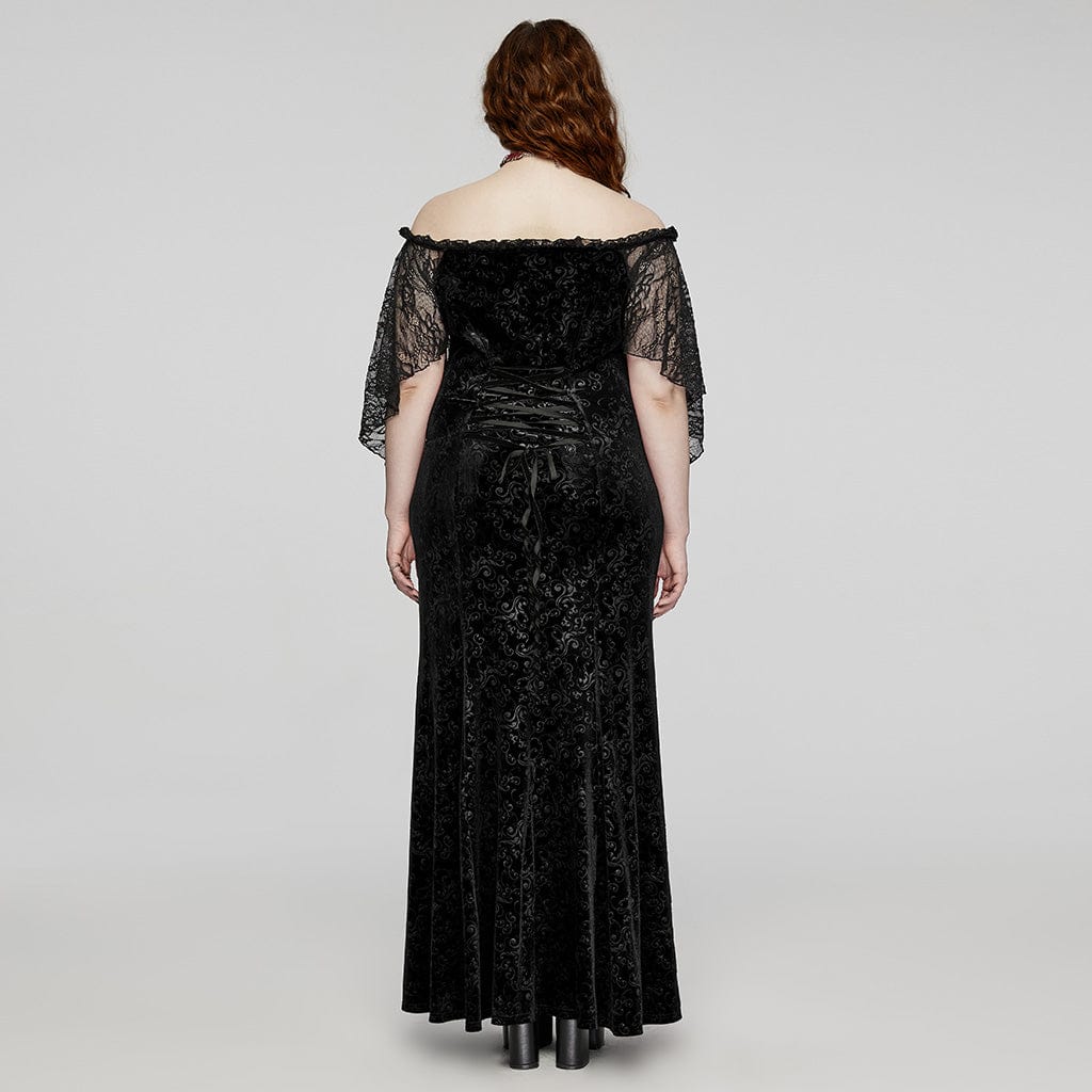 PUNK RAVE Women's Plus Size Gothic Off-the-shoulder Lace-up Velvet Gown Dress