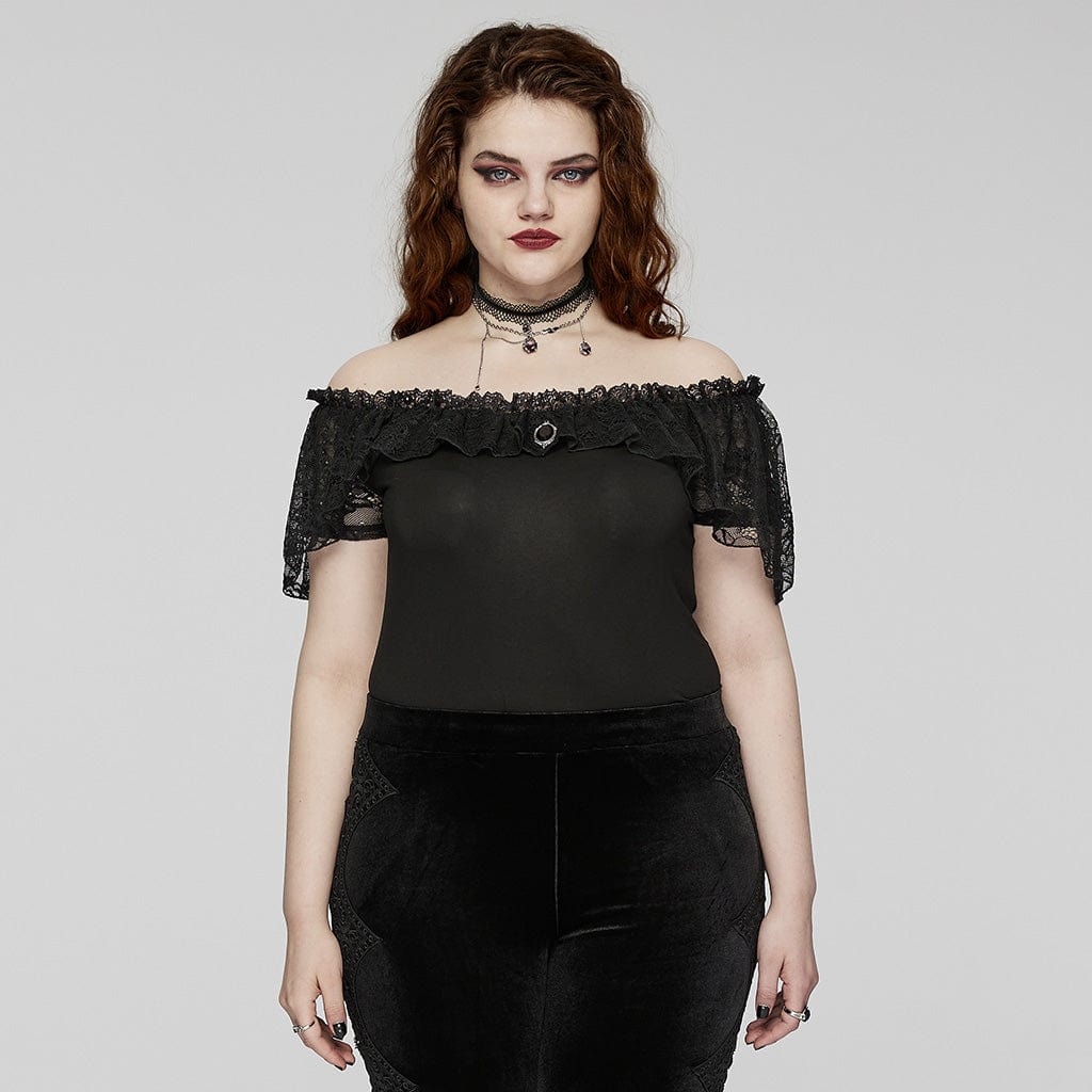 PUNK RAVE Women's Plus Size Gothic Off-the-shoulder Ruffled Lace Splice Top