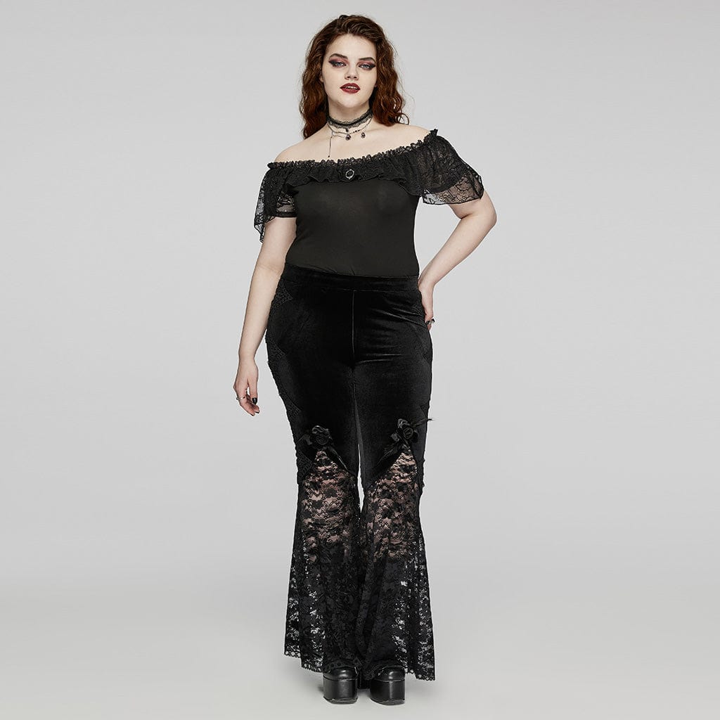 PUNK RAVE Women's Plus Size Gothic Off-the-shoulder Ruffled Lace Splice Top