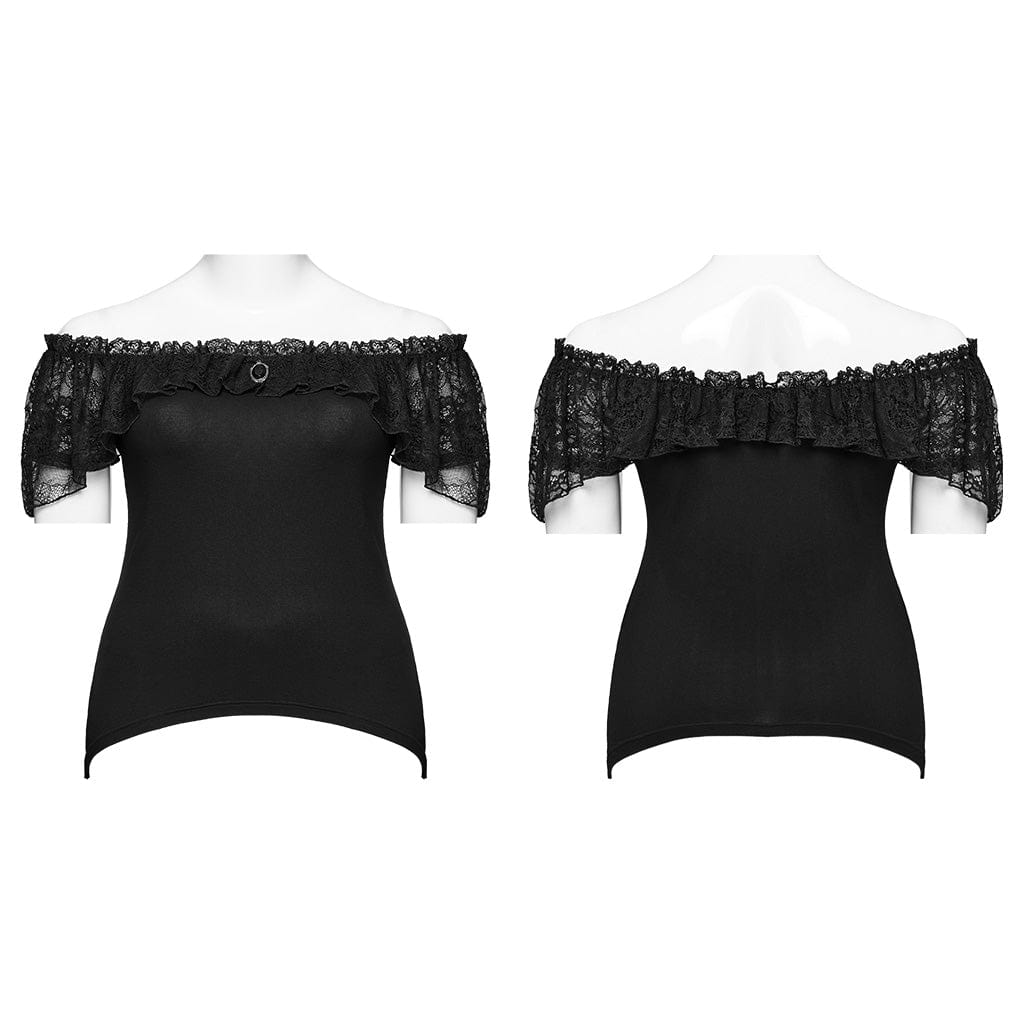 PUNK RAVE Women's Plus Size Gothic Off-the-shoulder Ruffled Lace Splice Top