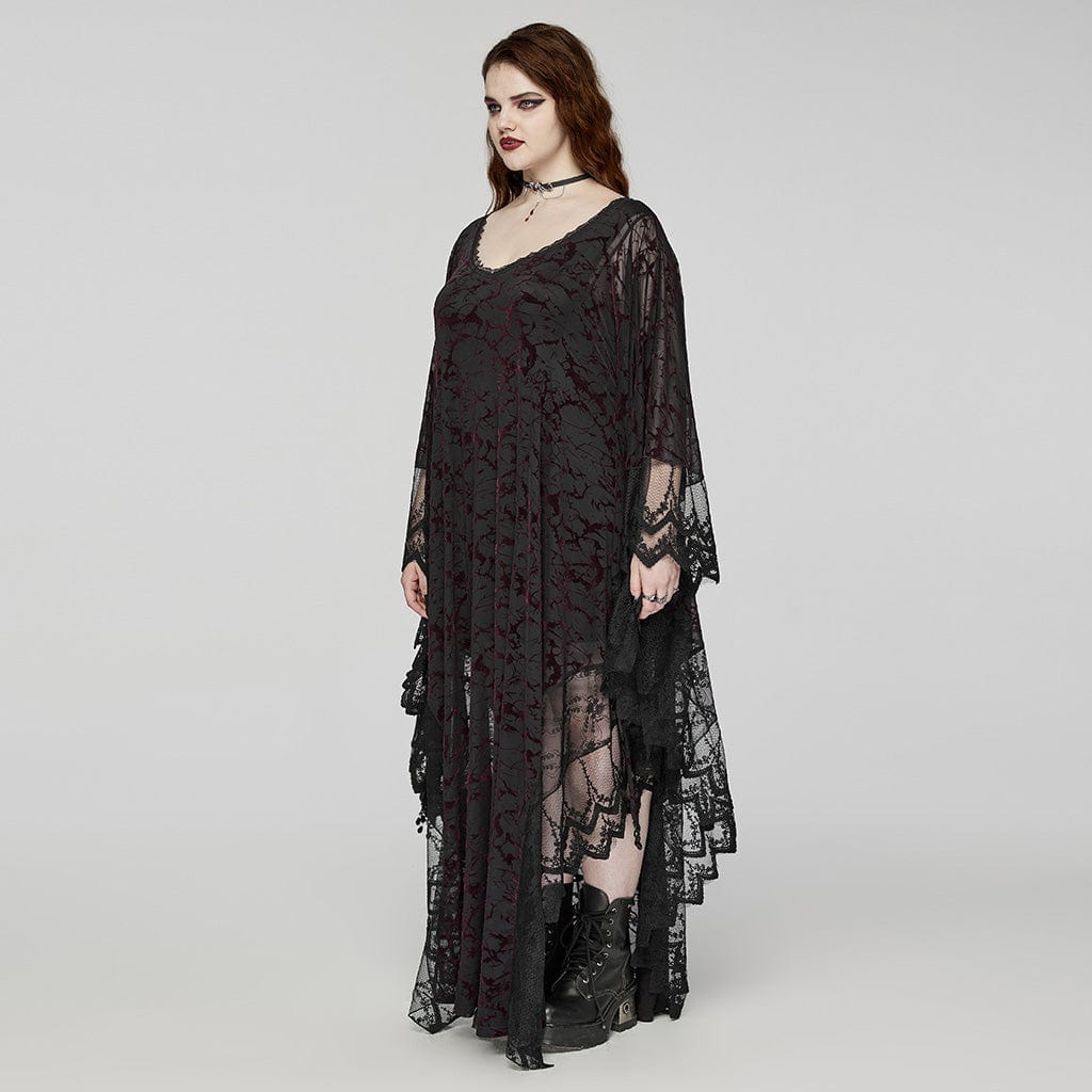 PUNK RAVE Women's Plus Size Gothic Plunging Bat Sleeved Black Red Witch Dress