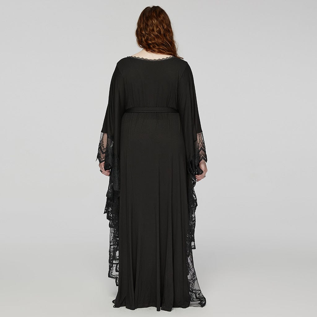 PUNK RAVE Women's Plus Size Gothic Plunging Bat Sleeved Witch Dress