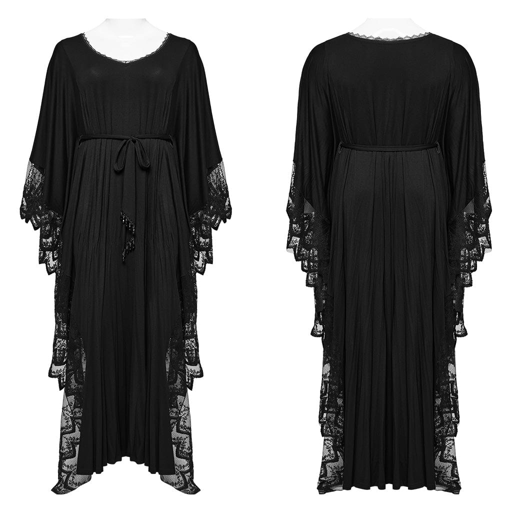 PUNK RAVE Women's Plus Size Gothic Plunging Bat Sleeved Witch Dress