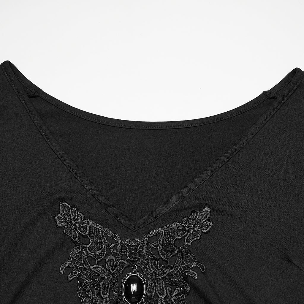PUNK RAVE Women's Plus Size Gothic Plunging Floral Embroidered T-shirt