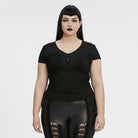 PUNK RAVE Women's Plus Size Gothic Plunging Floral Embroidered T-shirt