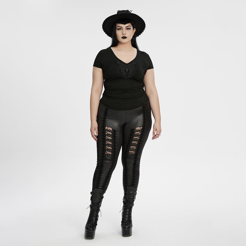 PUNK RAVE Women's Plus Size Gothic Plunging Floral Embroidered T-shirt