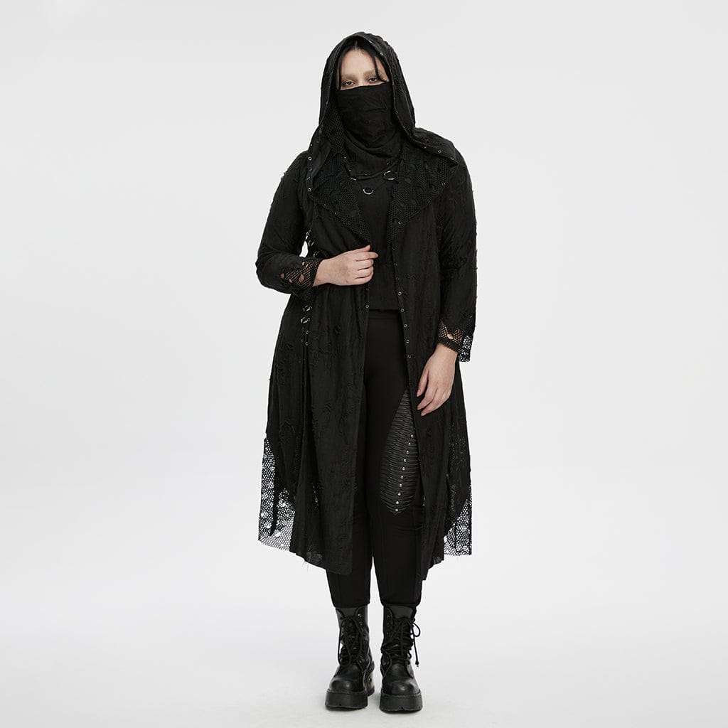 PUNK RAVE Women's Plus Size Gothic Ripped Mesh Splice Coat with Hood