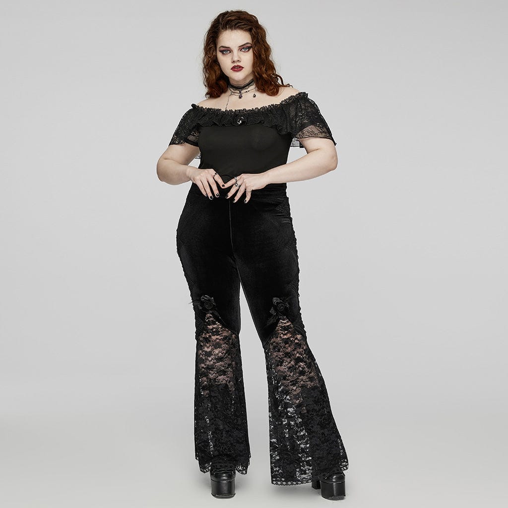 PUNK RAVE Women's Plus Size Gothic Rose Lace Splice Flarerd Pants