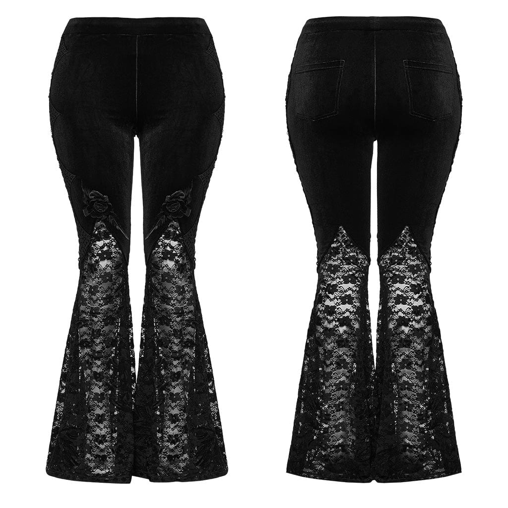 PUNK RAVE Women's Plus Size Gothic Rose Lace Splice Flarerd Pants