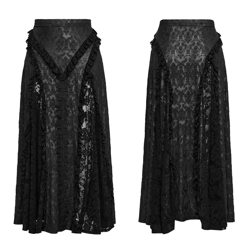 PUNK RAVE Women's Plus Size Gothic Ruffled Lace Splice Embossed Skirt