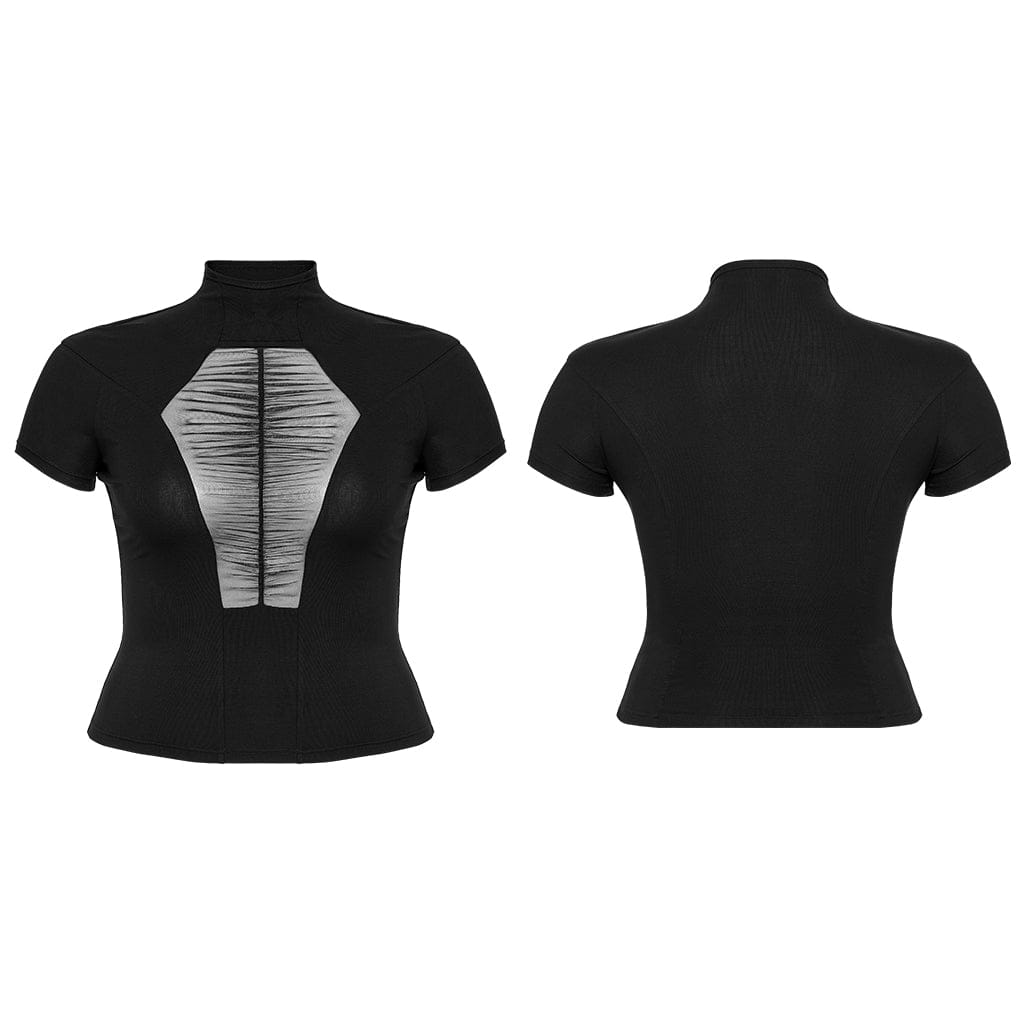 PUNK RAVE Women's Plus Size Gothic Stand Collar Mesh Splice Shirt