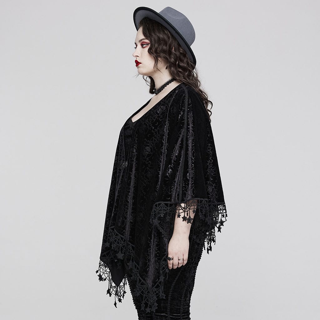 PUNK RAVE Women's Plus Size Gothic Star Tassels Velvet Cape