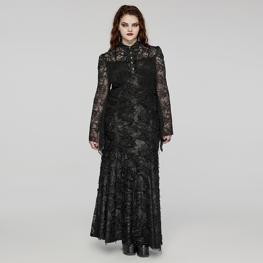 PUNK RAVE Women's Plus Size Gothic Turn-down Collar Lace Splice Gown Dress