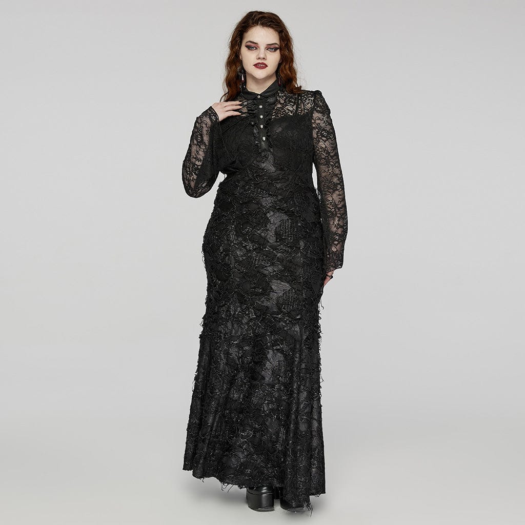 PUNK RAVE Women's Plus Size Gothic Turn-down Collar Lace Splice Gown Dress