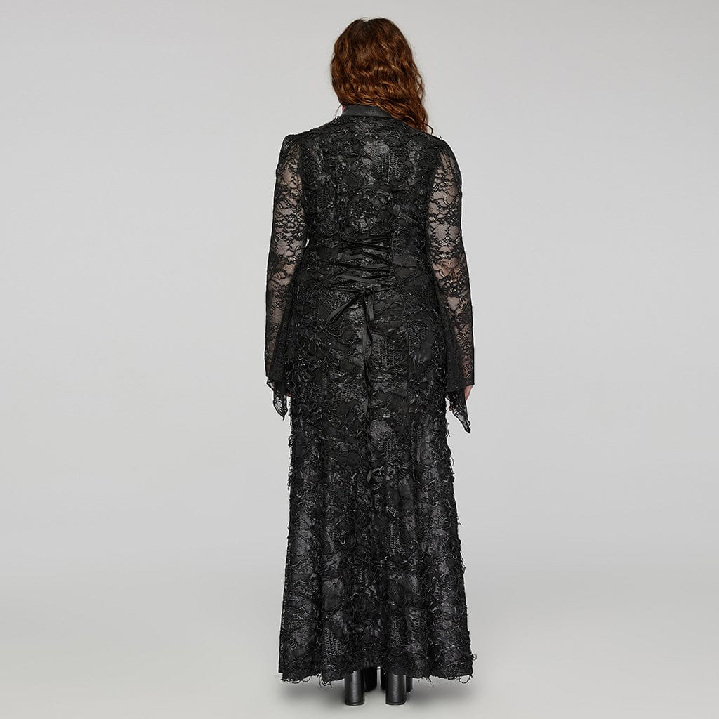 PUNK RAVE Women's Plus Size Gothic Turn-down Collar Lace Splice Gown Dress