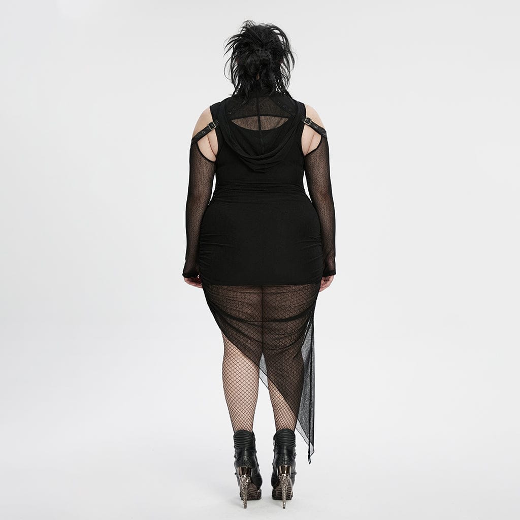 PUNK RAVE Women's Plus Size Punk Irregular Ruched Black Party Dress with Hooded Cape