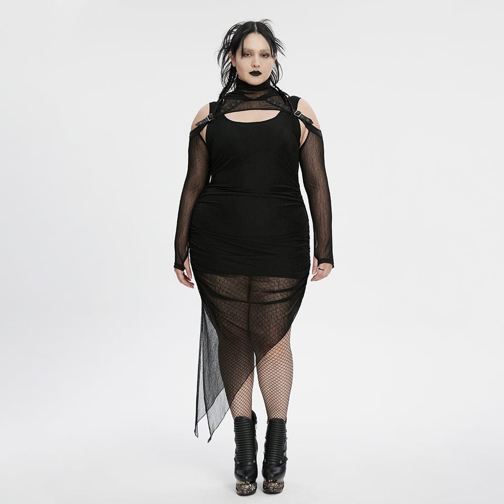 PUNK RAVE Women's Plus Size Punk Irregular Ruched Black Party Dress with Hooded Cape