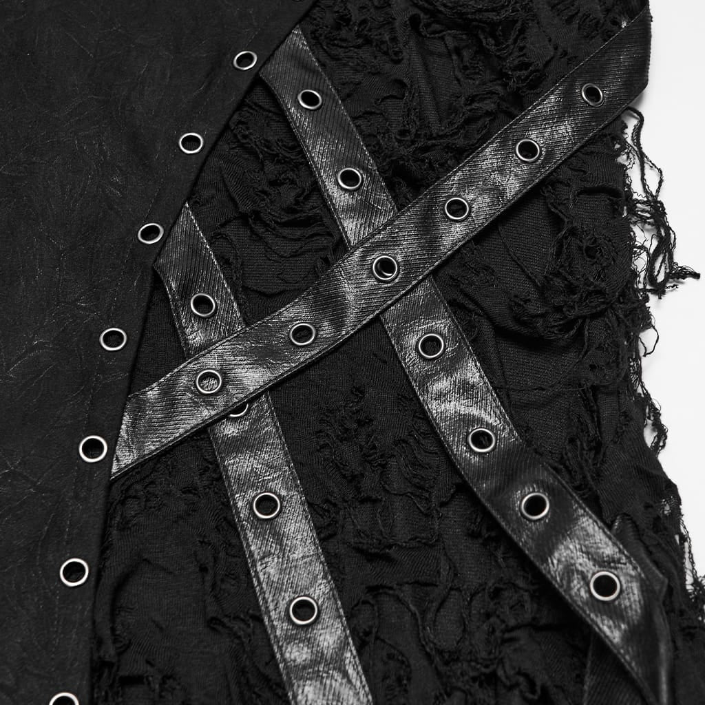 PUNK RAVE Women's Punk Asymmetric Eyelet Lace-up Distressed Maxi Skirt