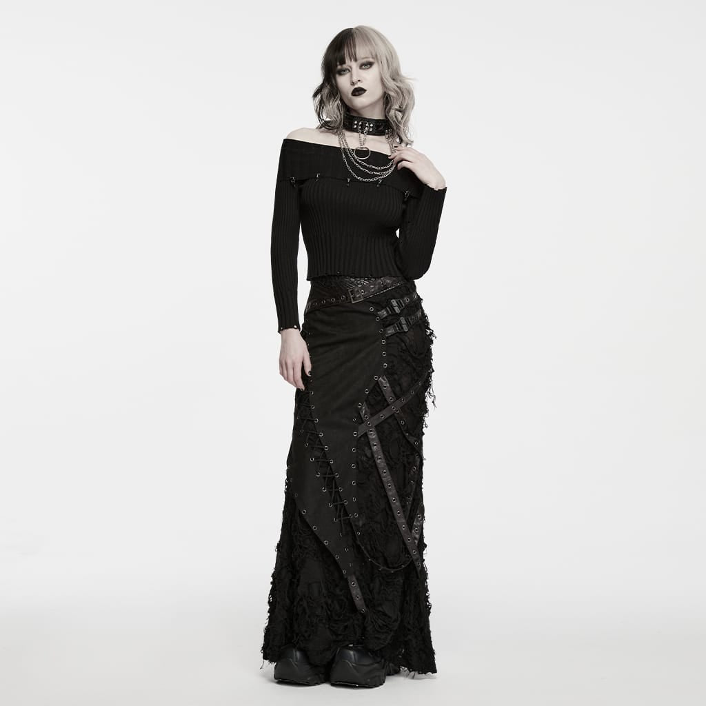 PUNK RAVE Women's Punk Asymmetric Eyelet Lace-up Distressed Maxi Skirt