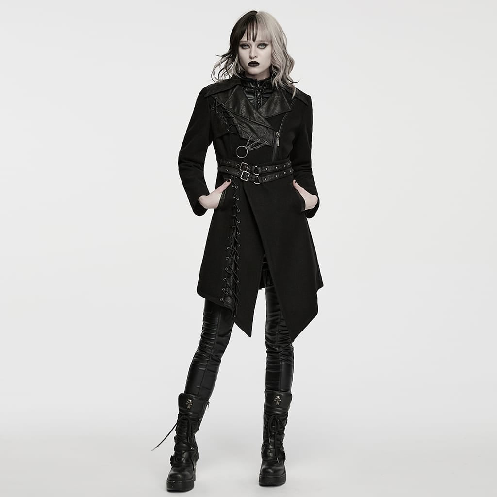 PUNK RAVE Women's Punk Asymmetric Lapel Lace-up Long Jacket