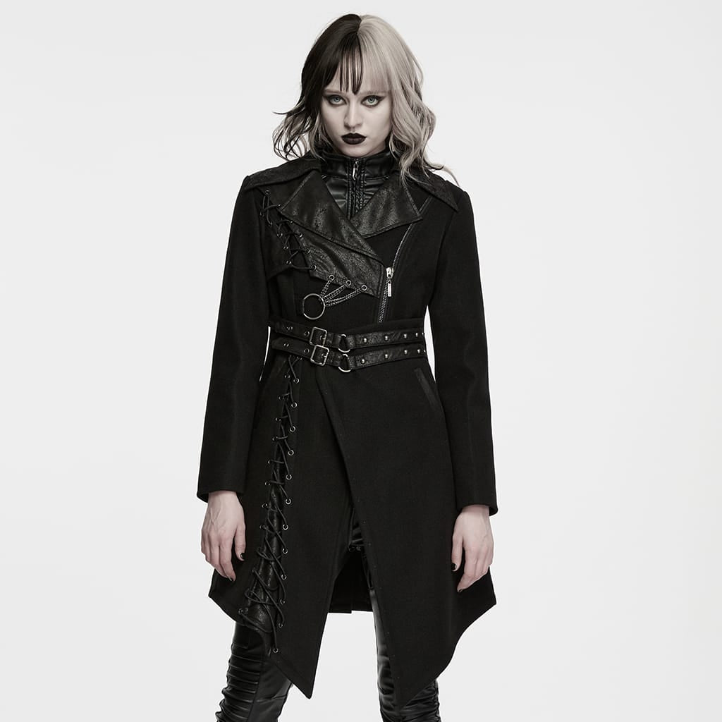 PUNK RAVE Women's Punk Asymmetric Lapel Lace-up Long Jacket