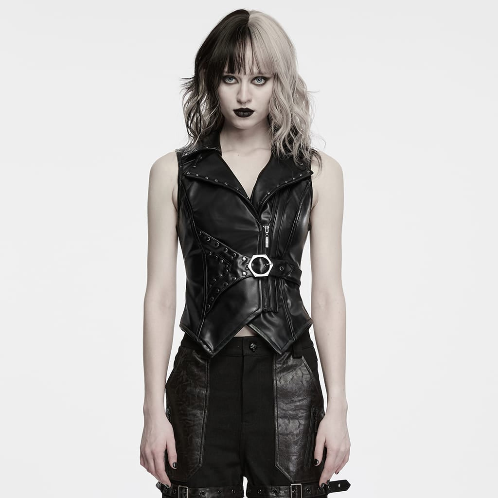 PUNK RAVE Women's Punk Asymmetric Studded Lapel Buckle Strap Vest