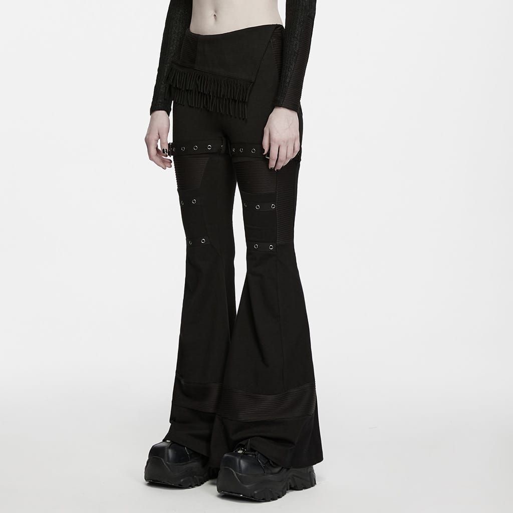 PUNK RAVE Women's Punk Asymmetric Tassel Buckle Strap Flared Pants