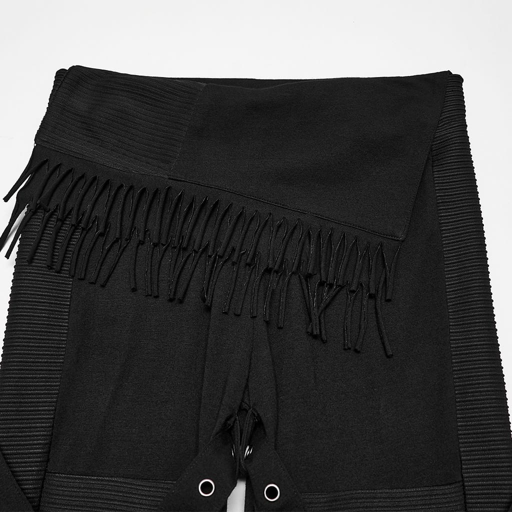 PUNK RAVE Women's Punk Asymmetric Tassel Buckle Strap Flared Pants