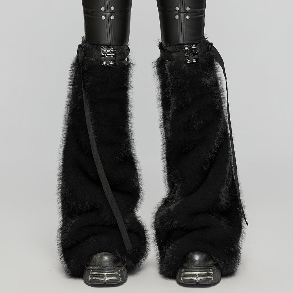 PUNK RAVE Women's Punk Buckle Faux Fur Leg Warmers Black