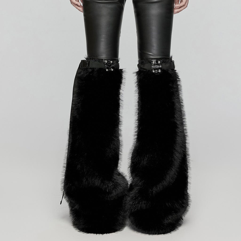 PUNK RAVE Women's Punk Buckle Faux Fur Leg Warmers Black