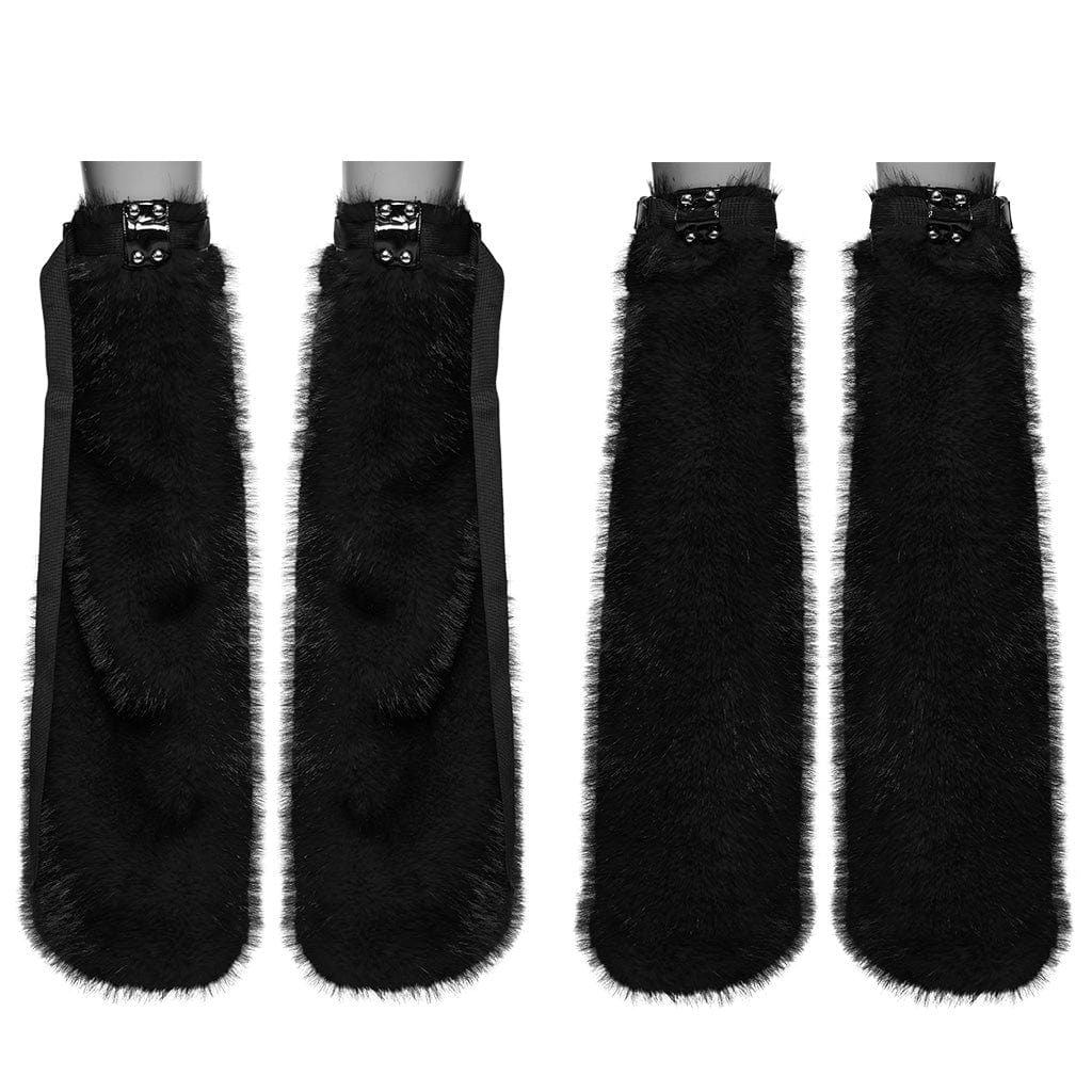 PUNK RAVE Women's Punk Buckle Faux Fur Leg Warmers Black