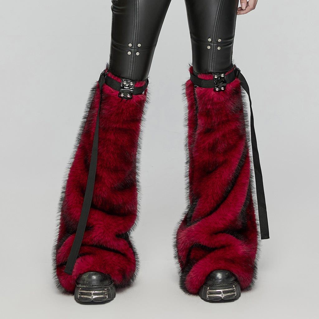 PUNK RAVE Women's Punk Buckle Faux Fur Leg Warmers Red