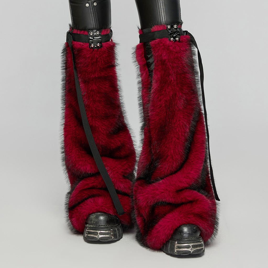 PUNK RAVE Women's Punk Buckle Faux Fur Leg Warmers Red