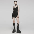 PUNK RAVE Women's Punk Buckle Lace-Up Distressed Slip Dress Black