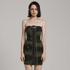 PUNK RAVE Women's Punk Buckle Lace-Up Eyelet Off Shoulder Dress Black-Green