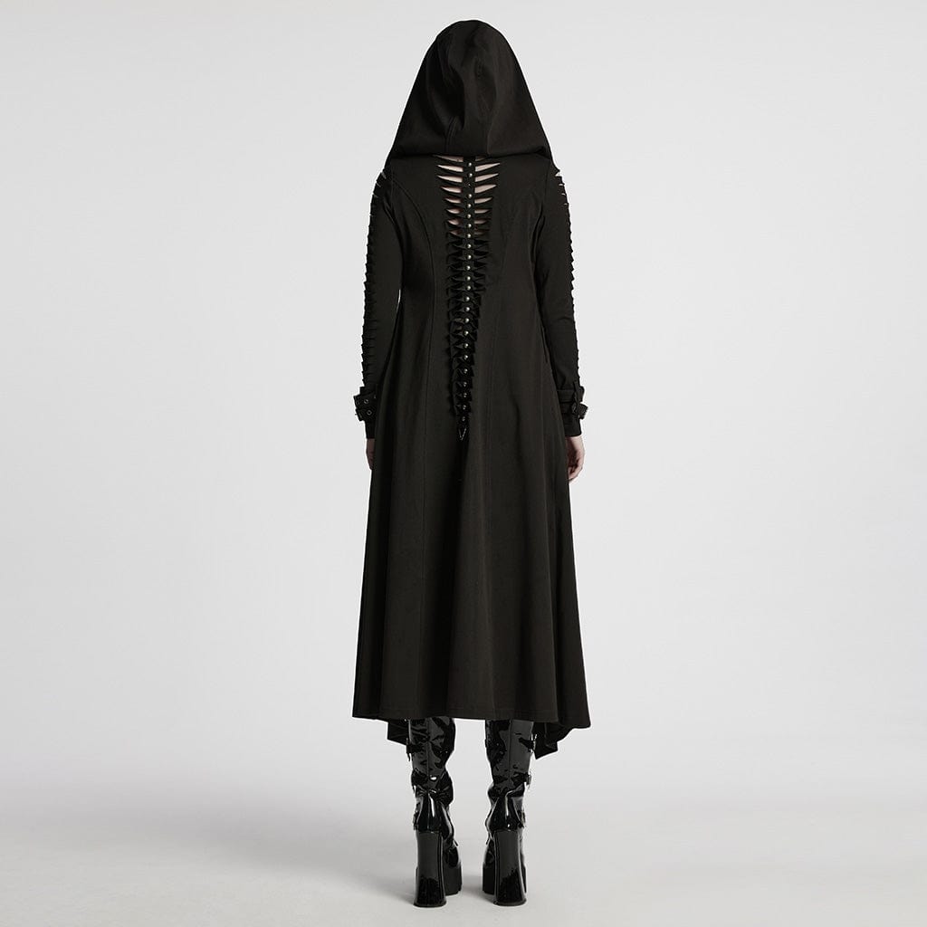PUNK RAVE Women's Punk Buckle Ripped Coat with Hood