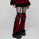 PUNK RAVE Women's Punk Buckle Strap Faux Fur Leg Warmers Red