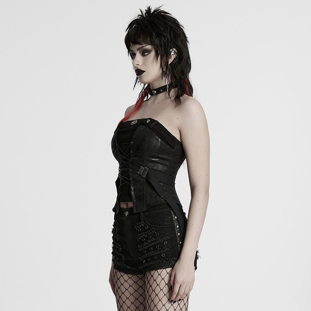PUNK RAVE Women's Punk Buckle Strap Lace-up Overbust Corset