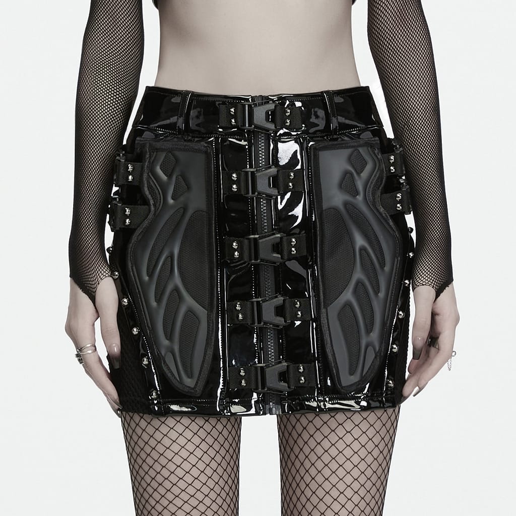 PUNK RAVE Women's Punk Buckle Strap Mesh Splice Mini Skirt
