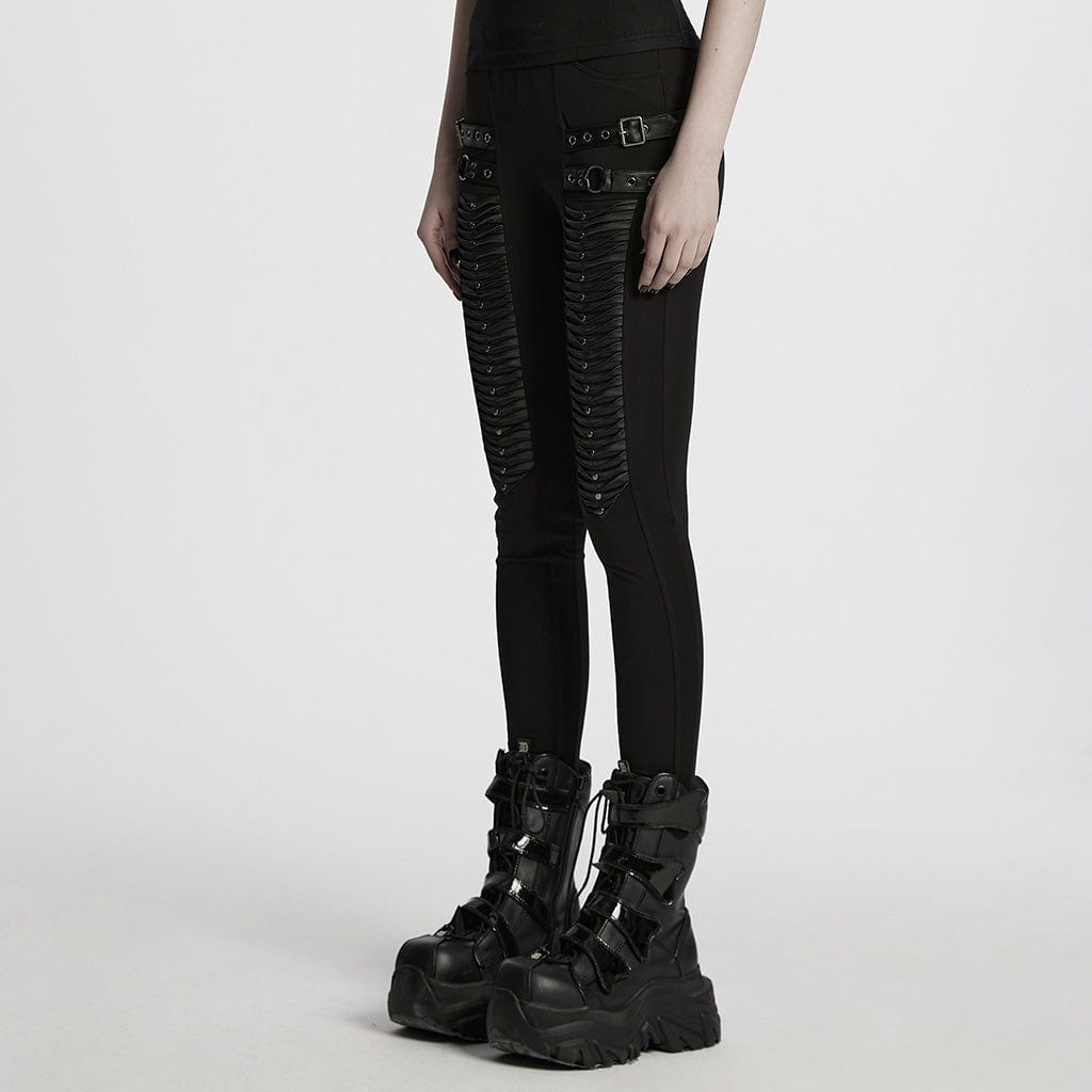 PUNK RAVE Women's Punk Buckle Strap Pleated Leggings