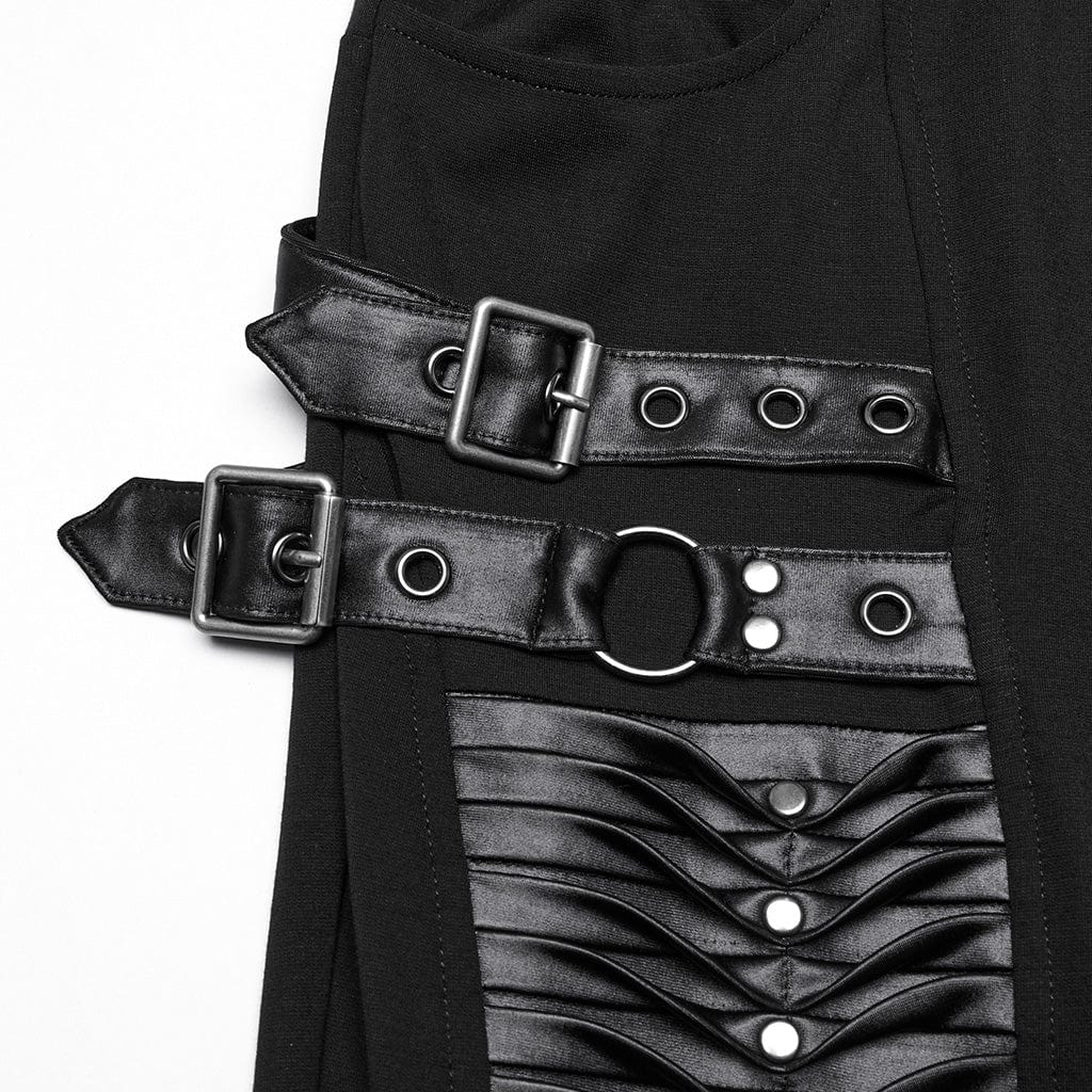 PUNK RAVE Women's Punk Buckle Strap Pleated Leggings