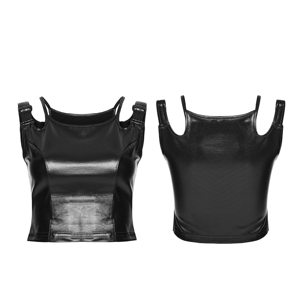 PUNK RAVE Women's Punk Buckle Strap Square Neck Tank Top