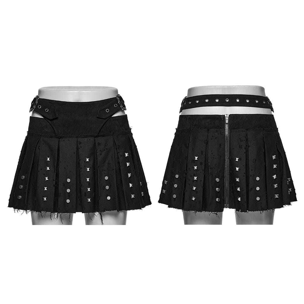 PUNK RAVE Women's Punk Buckle Strap Studded Pleated Skirt