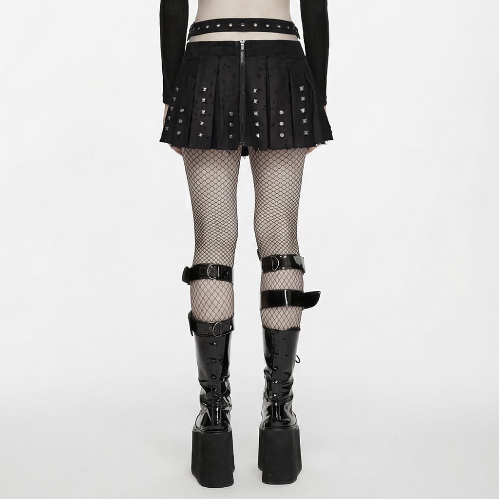 PUNK RAVE Women's Punk Buckle Strap Studded Pleated Skirt