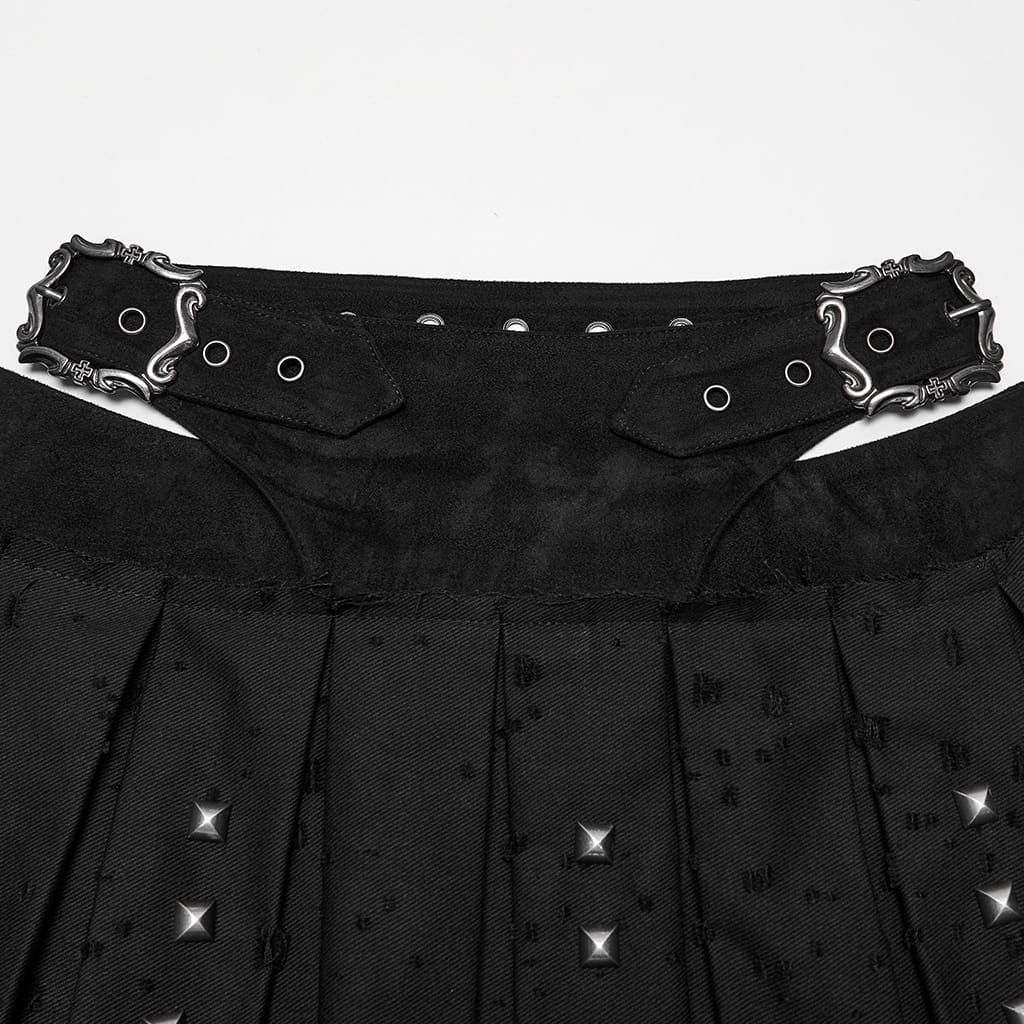 PUNK RAVE Women's Punk Buckle Strap Studded Pleated Skirt