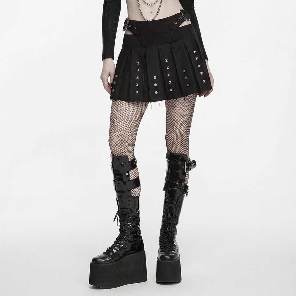 PUNK RAVE Women's Punk Buckle Strap Studded Pleated Skirt